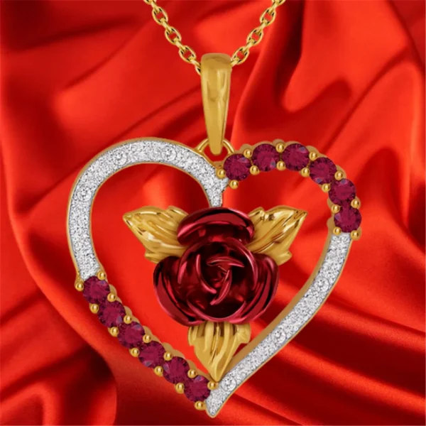 Romantic Heart Shaped Rose Pendant Necklace Red and White Rhinestone Women's Necklace Exquisite Jewelry Valentine's Day Gifts - Image 10