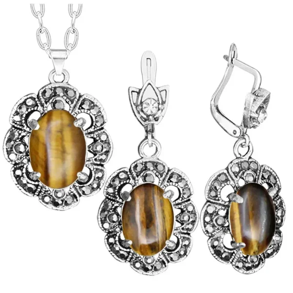 Plum Flower Pendant Natural Tiger Eye Necklace Earrings Jewelry Set Rhinestone Vintage Fashion Jewelry For Women TS403 - Image 9