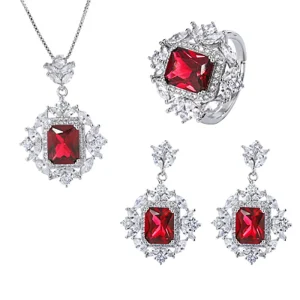 Vintage Ruby Gemstone Drop Earrings/Rings/Necklace High Carbon Diamond Wedding Engagement Fine Jewelry Set Charms Gift for Women