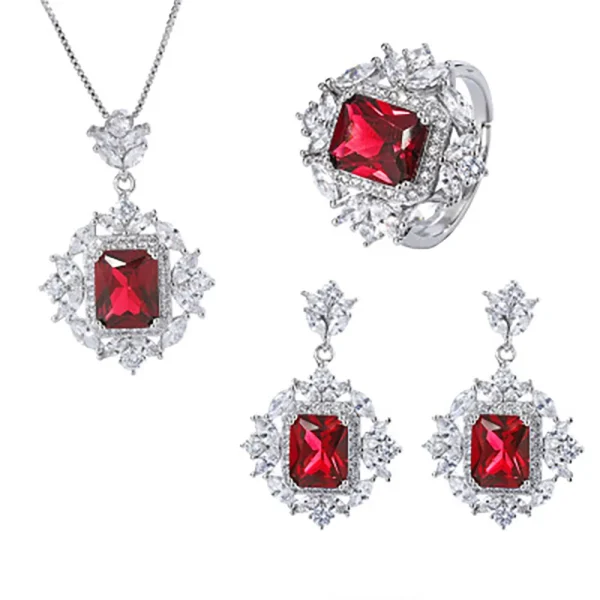Vintage Ruby Gemstone Drop Earrings/Rings/Necklace High Carbon Diamond Wedding Engagement Fine Jewelry Set Charms Gift for Women