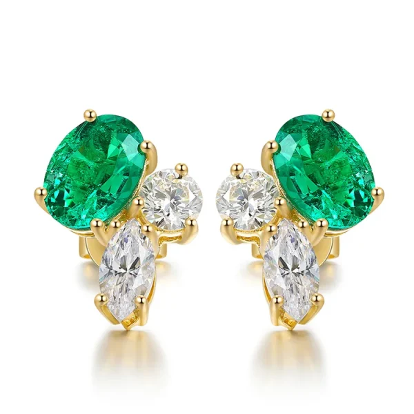 Charms Earrings Solid 18K Yellow Gold Earrings Studs for Women Lab Grown Emerald Handmade Jewelry Pendientes Mujer
