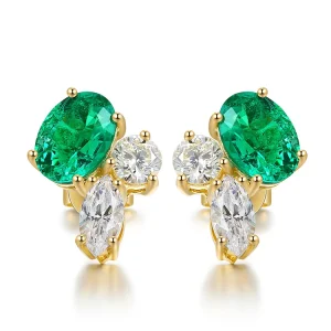 Charms Earrings Solid 18K Yellow Gold Earrings Studs for Women Lab Grown Emerald Handmade Jewelry Pendientes Mujer