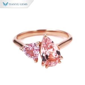 Tianyu Gems Hot Sale Pink Sapphire Pear Cut 6x10mm and Triangle 5.5mm 14k Rose Gold Ring for Women Daily Wear