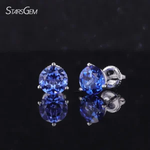 China Wholesale Jewelry Starsgem 5mm Round Shape Luxury Engagement 3 Claw 14K Gold Lab Blue Sapphire Stud Earring