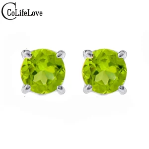 Simple Natural Gemstone Stud Earrings 5mm Round Brilliant Peridot Gemstone Silver Earrings Solid 925 Silver Peridot Earrings