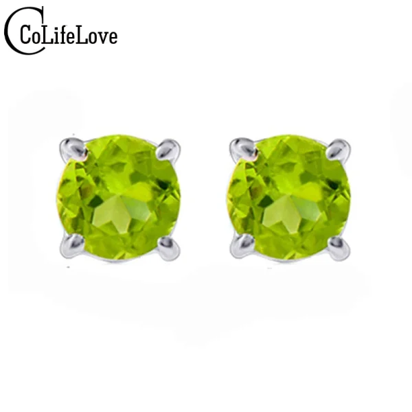 Simple Natural Gemstone Stud Earrings 5mm Round Brilliant Peridot Gemstone Silver Earrings Solid 925 Silver Peridot Earrings