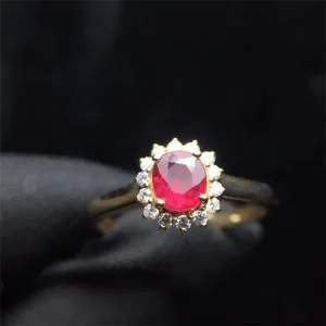 18k Gold  Sri Lanka Top-grade 0.65ct Natural Red Oval Facetted Cut Ruby South Africa Real Diamond Delicate Flower Female Ring