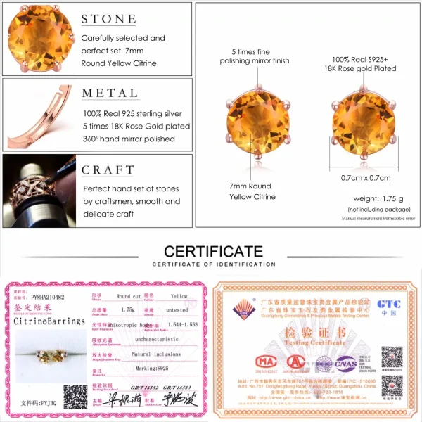 Bwell OL Style  Natural Gemstone 925 Sterling Silver J7mm Citrine Six Claws Stud Earrings S925 for Women EI027 - Image 6