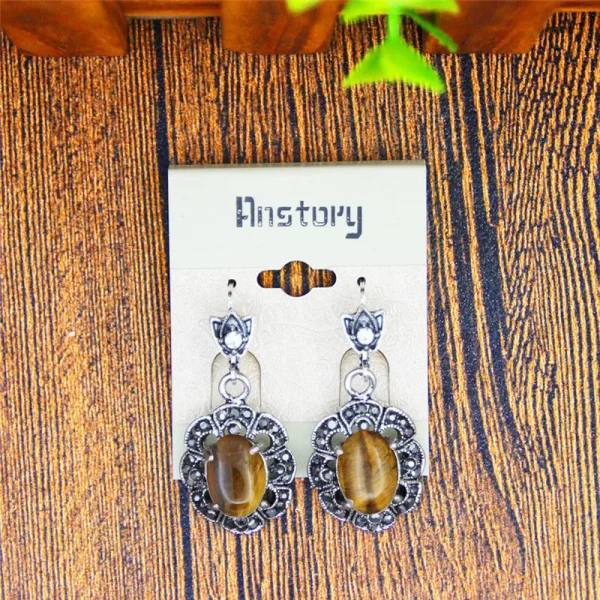 Plum Flower Pendant Natural Tiger Eye Necklace Earrings Jewelry Set Rhinestone Vintage Fashion Jewelry For Women TS403 - Image 13