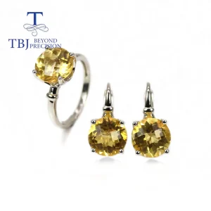 Checkboard Cut and Normal cut Natural citrine round 10mmgemstone Simple everyday design women's ring earrings jewelry set