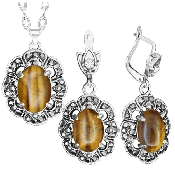 Plum Flower Pendant Natural Tiger Eye Necklace Earrings Jewelry Set Rhinestone Vintage Fashion Jewelry For Women TS403 - Image 8