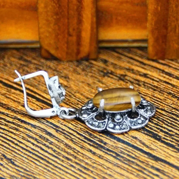 Plum Flower Pendant Natural Tiger Eye Necklace Earrings Jewelry Set Rhinestone Vintage Fashion Jewelry For Women TS403 - Image 5