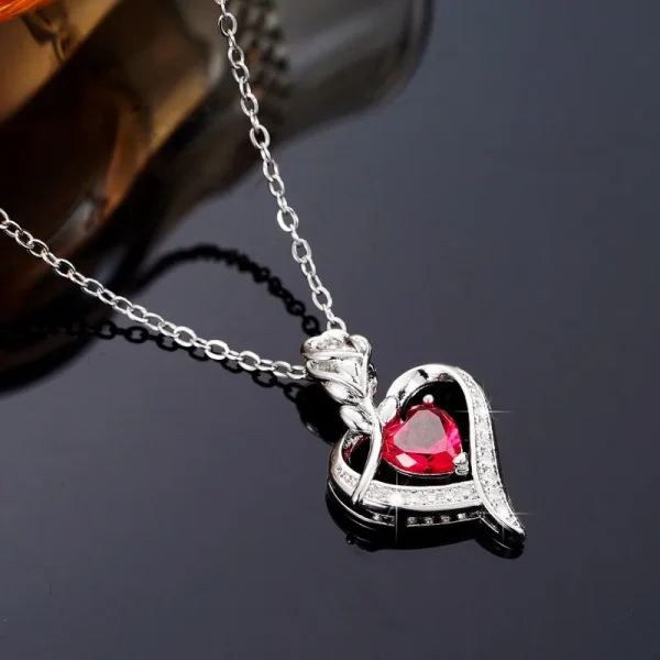 Huitan Red Heart CZ Pendant Necklace with Rose Flower Anniversary Gift for Lover/Mom 2023 New Design Women Jewelry Mother's Day - Image 5