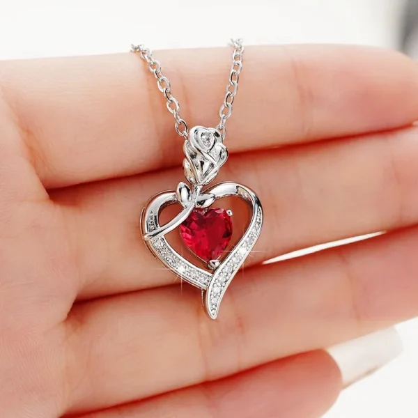 Huitan Red Heart CZ Pendant Necklace with Rose Flower Anniversary Gift for Lover/Mom 2023 New Design Women Jewelry Mother's Day - Image 7