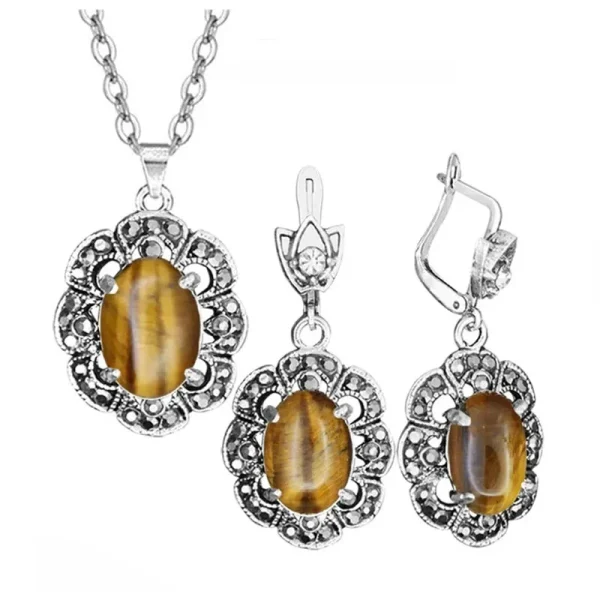 Plum Flower Pendant Natural Tiger Eye Necklace Earrings Jewelry Set Rhinestone Vintage Fashion Jewelry For Women TS403 - Image 7