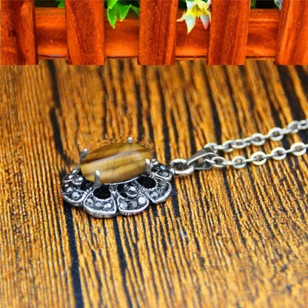 Plum Flower Pendant Natural Tiger Eye Necklace Earrings Jewelry Set Rhinestone Vintage Fashion Jewelry For Women TS403 - Image 3
