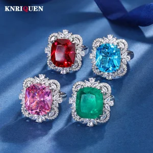 2023 Trend 14*16MM Ruby Emerald Aquamarine Rings Retro Gemstone Lab Diamond Wedding Ring Cocktail Party Fine Jewelry Female Gift