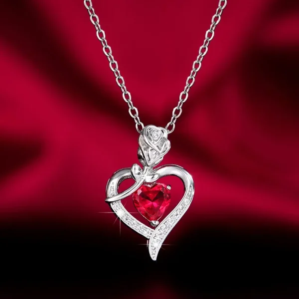 Huitan Red Heart CZ Pendant Necklace with Rose Flower Anniversary Gift for Lover/Mom 2023 New Design Women Jewelry Mother's Day - Image 3