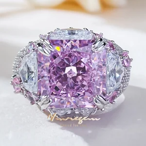 Vinregem Crushed Ice Cut 12 MM Lab Sapphire Gemstone Cocktail Party Ring For Women 100% 925 Sterling Silver Engagement Jewelry