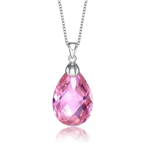 TD Collection Pink Teardrop Pendant with Cubic Zirconia Sterling Silver Rhodium Plated Fashionable Necklace