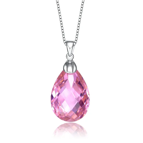 TD Collection Pink Teardrop Pendant with Cubic Zirconia Sterling Silver Rhodium Plated Fashionable Necklace