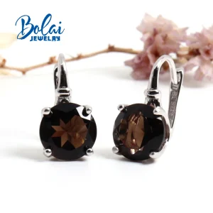 925 sterling silver women's earrings Natural smoky round 10.0mm real gemstone Classic design fine jewelry for mom's birthday gif