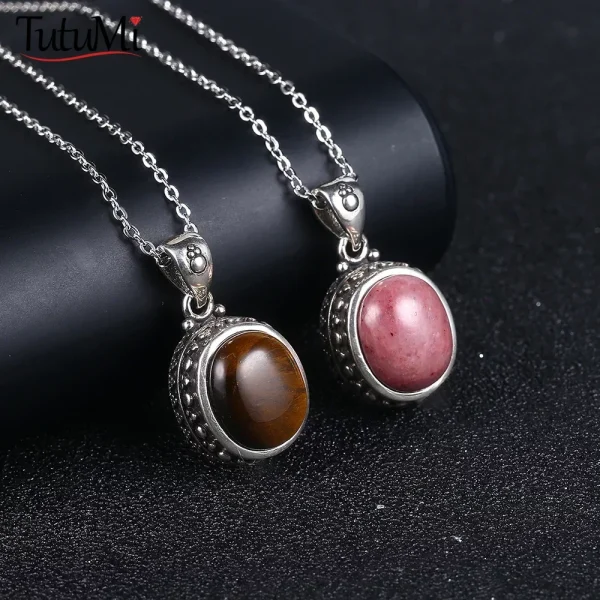 925 Sterling Silver Natural Rhodochrosite Pendants Necklace Tiger Eye Necklace Silver Pendants 925 With Chain For Women Men