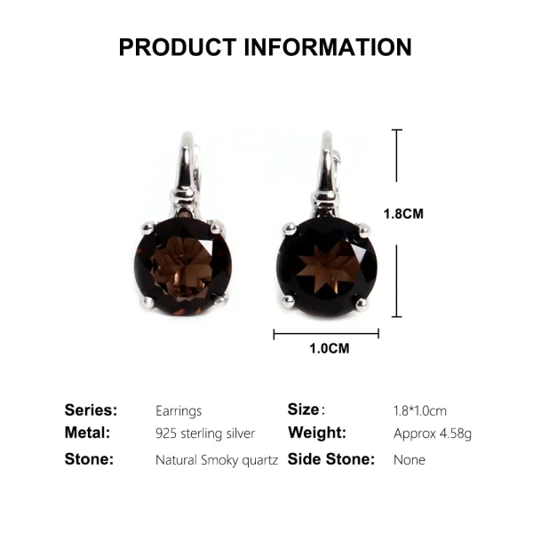 925 sterling silver women's earrings Natural smoky round 10.0mm real gemstone Classic design fine jewelry for mom's birthday gif - Image 4