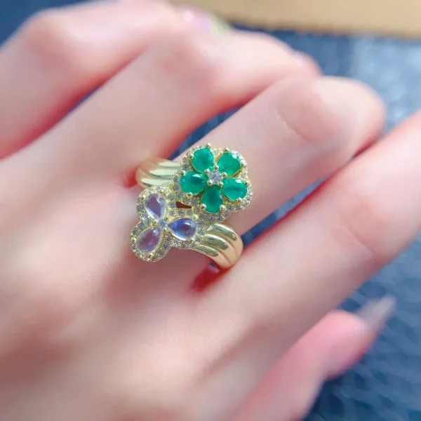 Fine Jewelry Natural emerald and moonstone  Women's Ring S925 Silver Electroplating Process Inlaid High Clarity Support Testing - Image 6
