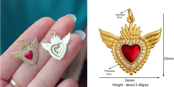 New in Sacred Red Heart Charm Victorian Love Zircon Charm Pendant,Fashion Wing 18K Gold Plated for Jewelry Making Supplies P04 - Image 55