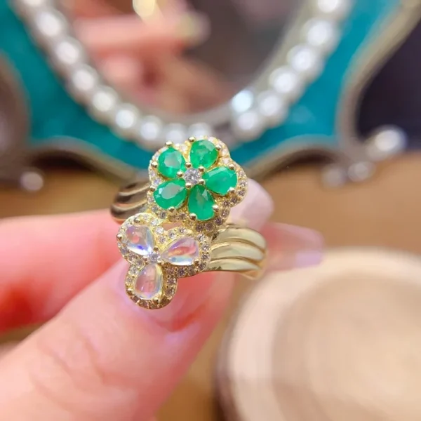 Fine Jewelry Natural emerald and moonstone  Women's Ring S925 Silver Electroplating Process Inlaid High Clarity Support Testing - Image 5