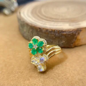 Fine Jewelry Natural emerald and moonstone  Women's Ring S925 Silver Electroplating Process Inlaid High Clarity Support Testing