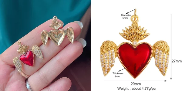 New in Sacred Red Heart Charm Victorian Love Zircon Charm Pendant,Fashion Wing 18K Gold Plated for Jewelry Making Supplies P04 - Image 63