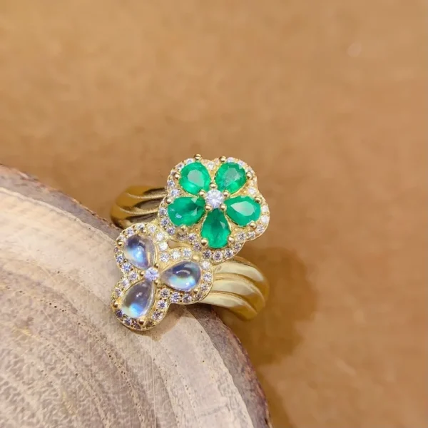 Fine Jewelry Natural emerald and moonstone  Women's Ring S925 Silver Electroplating Process Inlaid High Clarity Support Testing - Image 2