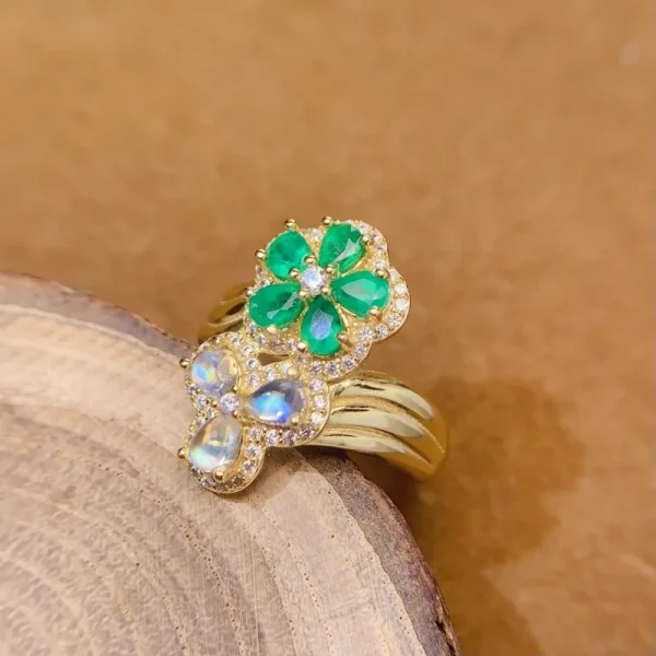 Fine Jewelry Natural emerald and moonstone  Women's Ring S925 Silver Electroplating Process Inlaid High Clarity Support Testing - Image 3