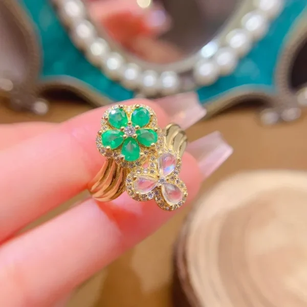 Fine Jewelry Natural emerald and moonstone  Women's Ring S925 Silver Electroplating Process Inlaid High Clarity Support Testing - Image 4
