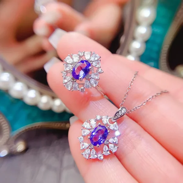925 Silver Dazzling Bridal Jewelry Set 5mm*7mm 1.4ct Natural Tanzanite Ring and Earrings with 18K Gold Plating - Image 6