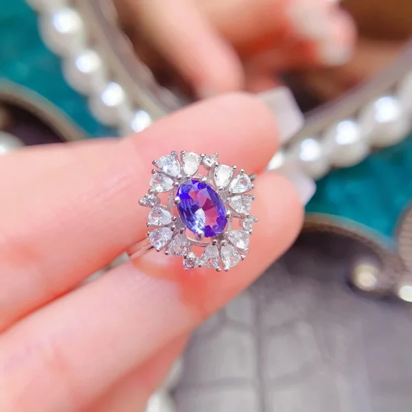 925 Silver Dazzling Bridal Jewelry Set 5mm*7mm 1.4ct Natural Tanzanite Ring and Earrings with 18K Gold Plating - Image 5