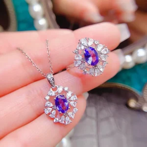 925 Silver Dazzling Bridal Jewelry Set 5mm*7mm 1.4ct Natural Tanzanite Ring and Earrings with 18K Gold Plating