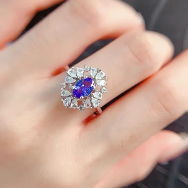 925 Silver Dazzling Bridal Jewelry Set 5mm*7mm 1.4ct Natural Tanzanite Ring and Earrings with 18K Gold Plating - Image 2