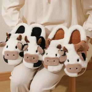 Winter Home Slippers for Couples Warm Plush Neutral Cartoon Cow Indoor Anti Slip Comfortable Cotton Slippers for Men and Women